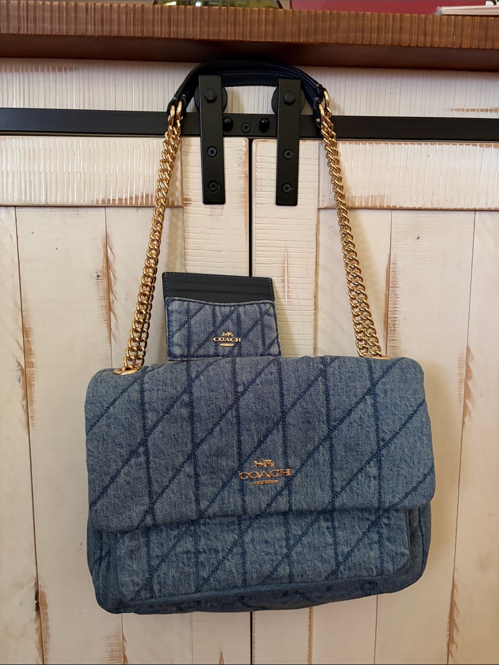 Coach Elodie Quilted Denim Shoulder Bag in Blue with Gold Chain w/ matching card